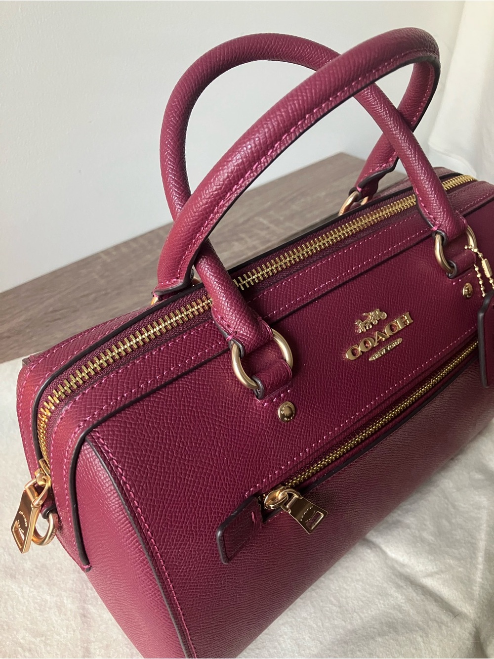 COACH Purse Rowan Satchel Leather Handbag in Berry Pink / Burgundy - Picture 4 of 13